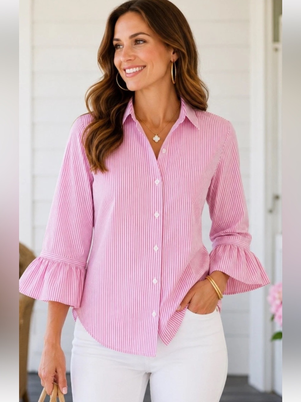 Gretchen Scott Designs Pink Striped Priss Button-Down Shirt Sz Medium Preppy - Picture 8 of 8